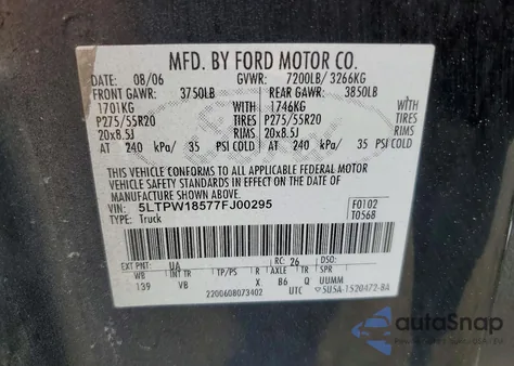 2007 Lincoln Mark Lt z USA, uszkodzony, nr VIN 5LTPW18577FJ00295